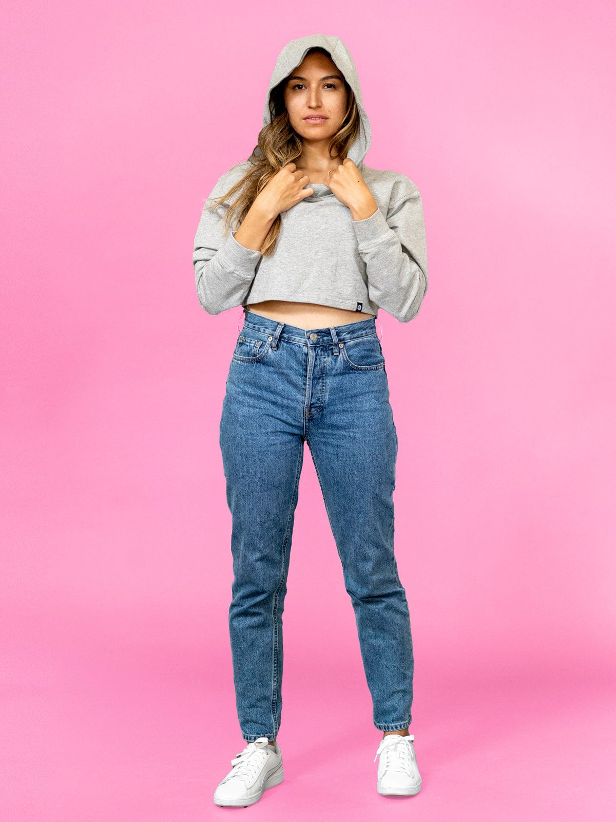 Cropped hoodie with on sale high waisted jeans